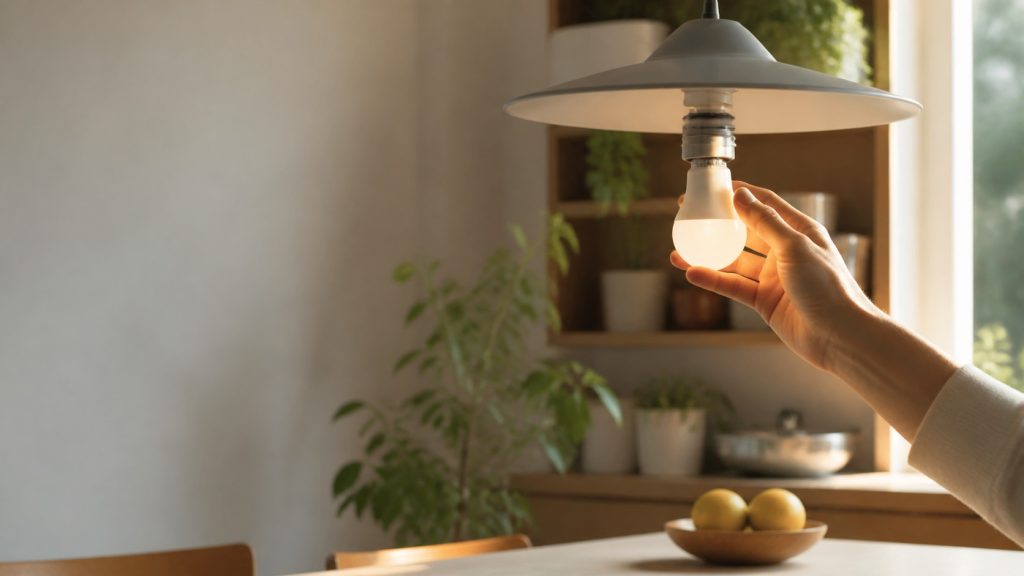 Main vissant une ampoule LED économique sous une suspension dans une cuisine lumineuse et chaleureuse.