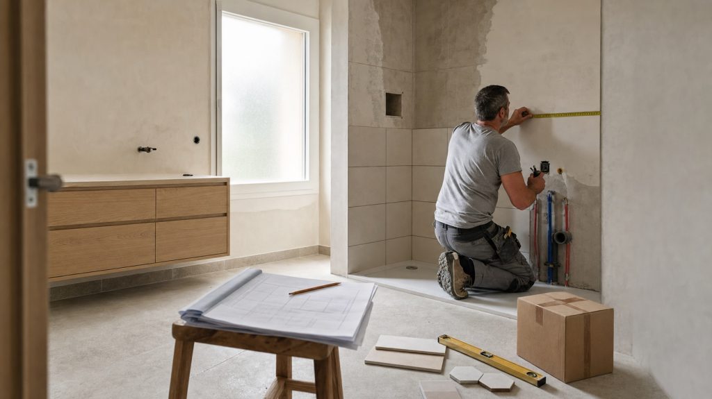 Artisan mesurant une douche en cours de rénovation dans une salle de bain lumineuse, avec plans, échantillons de carrelage et outils pour préparer un devis.