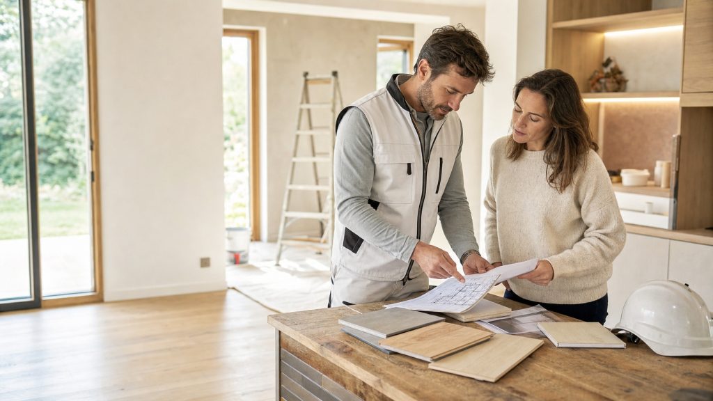 Artisan et propriétaire examinant des plans et des échantillons de matériaux dans une maison en rénovation lumineuse.