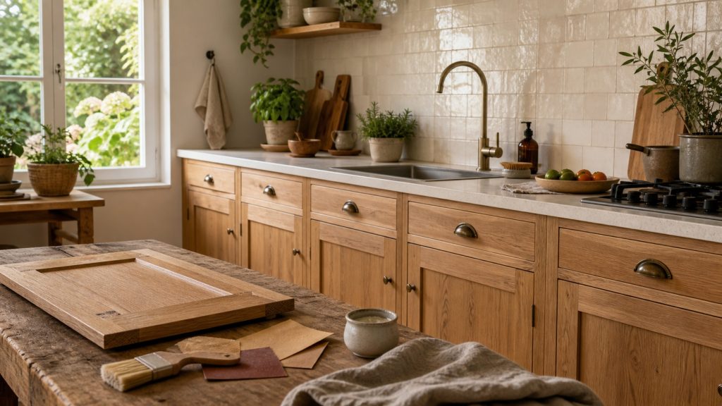 Cuisine en bois rénovée avec façades en chêne naturel, plan de travail en pierre claire et outils de restauration écologiques.