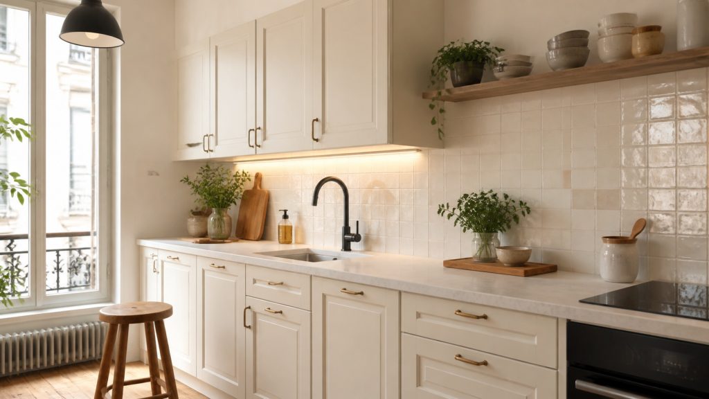 Cuisine rénovée lumineuse avec meubles d’origine repeints en blanc cassé, plan de travail clair et crédence en zellige crème.