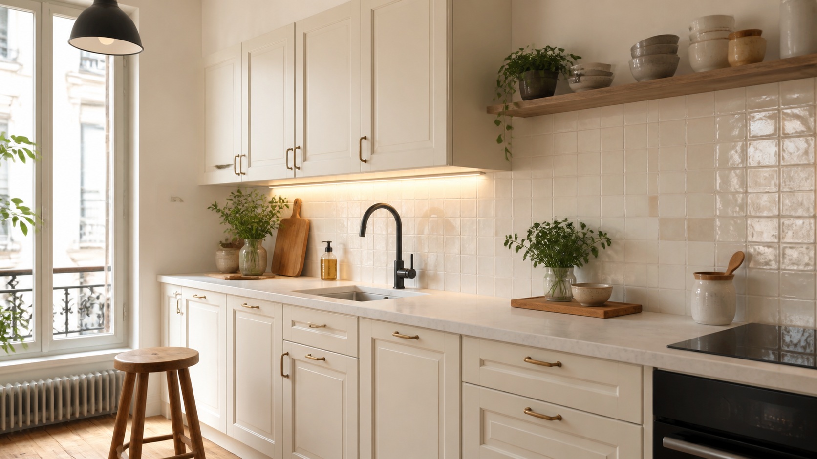 Cuisine rénovée lumineuse avec meubles d’origine repeints en blanc cassé, plan de travail clair et crédence en zellige crème.