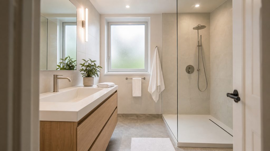 Salle de bain moderne rénovée avec meuble vasque en bois, douche à l’italienne et carrelage clair