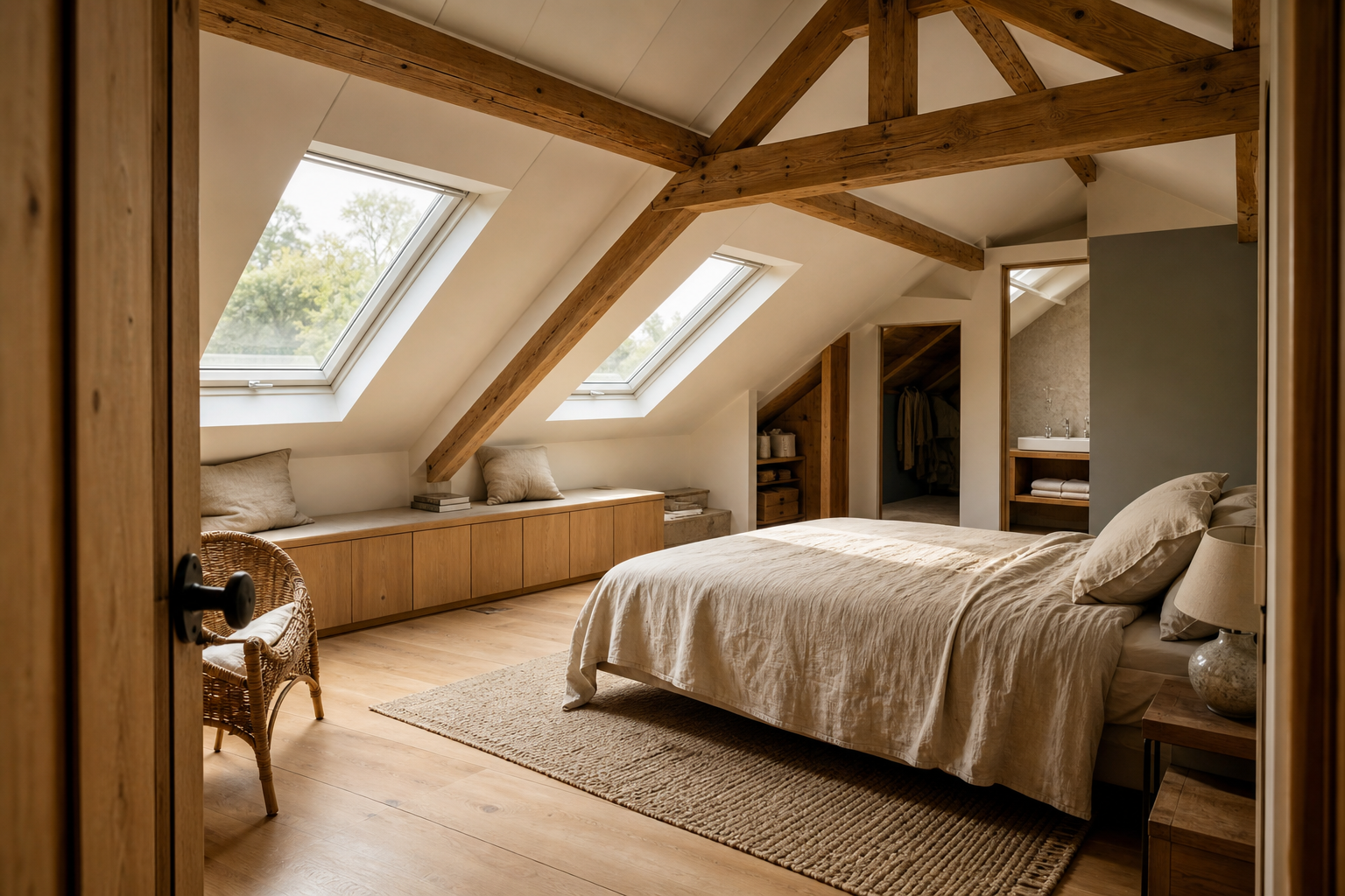 Combles aménagés en chambre lumineuse avec poutres apparentes, fenêtres de toit et rangements intégrés