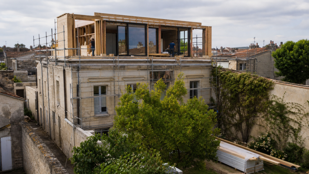 Surélévation en ossature bois en cours de construction au-dessus d'une ancienne maison en pierre, avec échafaudages et jardin.