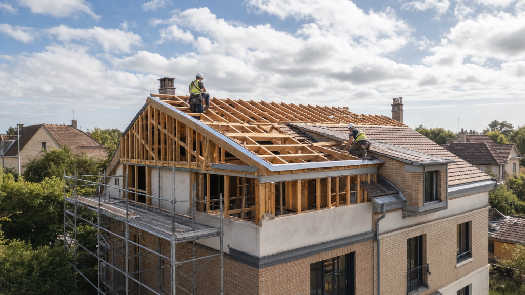 Chantier de rehaussement de toiture sur une maison individuelle française avec charpente neuve, échafaudage et couvreurs.