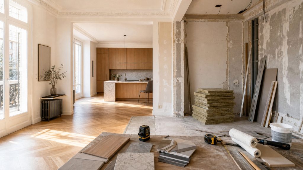 Appartement français en cours de rénovation avec cuisine terminée, matériaux, outils et murs à rénover