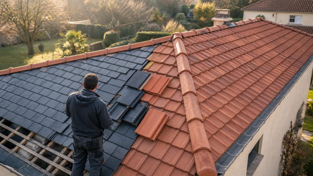 Toiture de maison en rénovation avec comparaison de tuiles en terre cuite, ardoise et béton