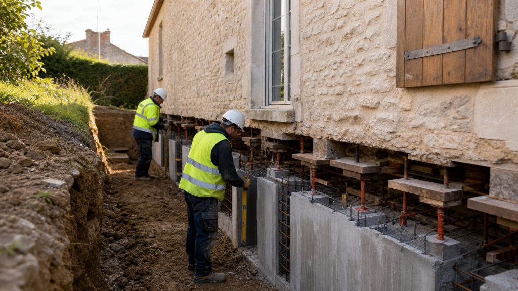 Chantier de reprise en sous-œuvre d’une maison en pierre avec fondations renforcées, étais et ouvriers équipés.