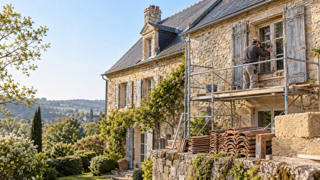 Maison ancienne en pierre en cours de rénovation, avec échafaudage et artisan restaurant une fenêtre sous une lumière de printemps.