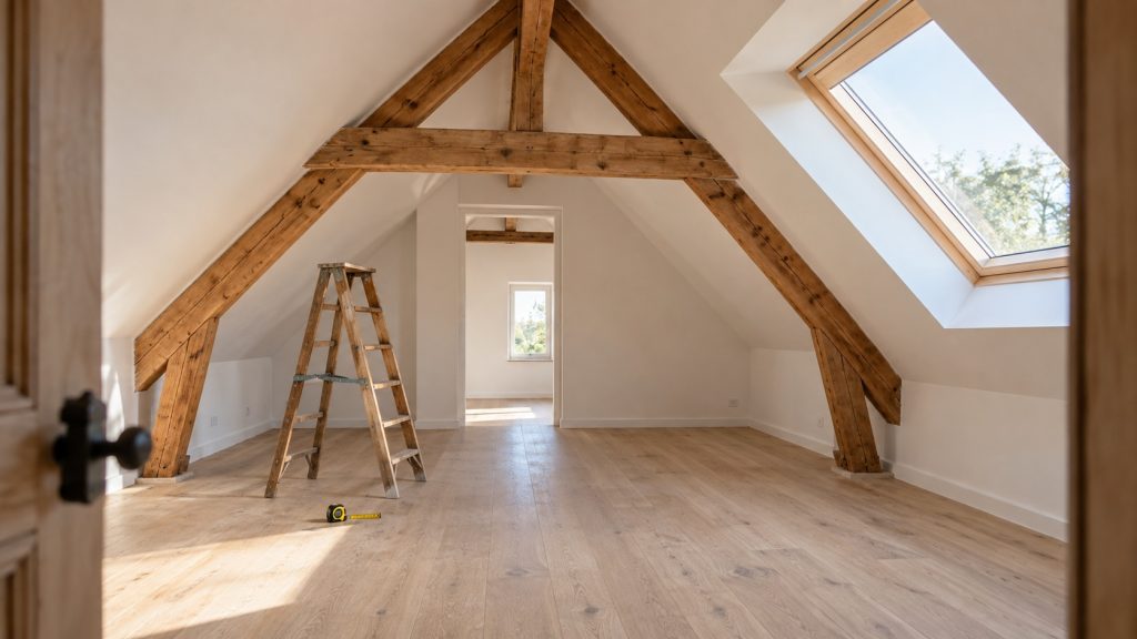 Combles perdus aménagés avec sol en bois clair, poutres apparentes et fenêtre de toit laissant entrer la lumière naturelle