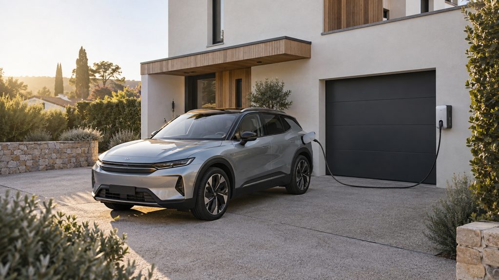 Voiture électrique branchée à un chargeur domestique mural devant une maison contemporaine