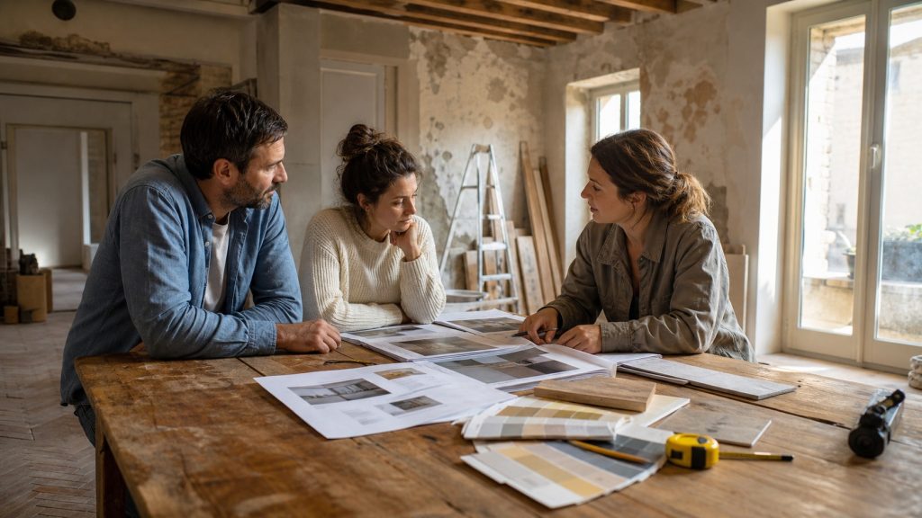Propriétaires comparant plusieurs devis de rénovation avec une artisane dans une maison française en travaux.