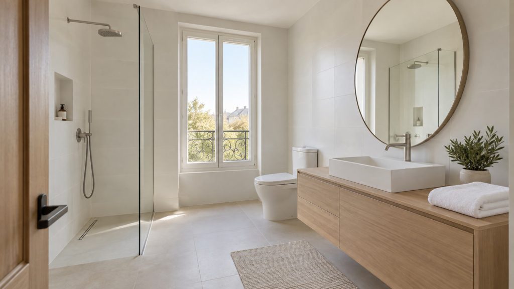 Salle de bain moderne et lumineuse avec douche à l’italienne, meuble vasque en bois clair et robinetterie métallique, illustrant l’installation de salle de bain.
