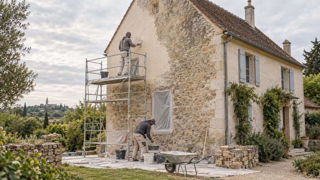 Artisans rénovant le mur pignon en pierre d’une maison traditionnelle française avec échafaudage et enduit neuf.