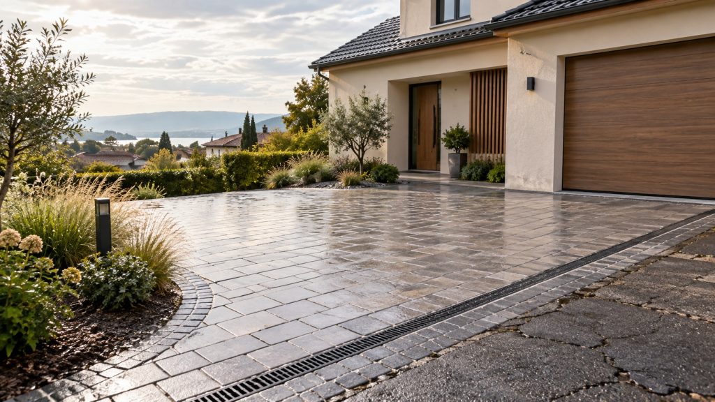 Allée de maison rénovée en pavés perméables gris clair devant une maison contemporaine, avec bordures en granit et aménagement paysager.