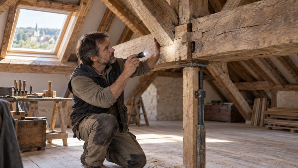 Artisan inspectant une charpente ancienne en bois dans des combles lumineux lors d’une rénovation.