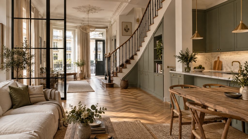 Intérieur rénové d’une maison de ville avec parquet en chevrons, escalier ancien, cuisine vert sauge et verrière noire.