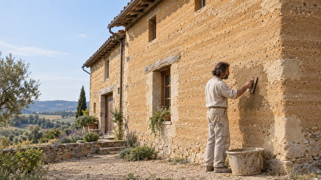 Artisan rénovant avec un mortier terre-chaux la façade d’une maison ancienne en pisé, dans un paysage rural français.