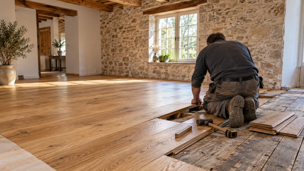Artisan rénovant un plancher en bois dans une maison ancienne aux murs de pierre et poutres apparentes