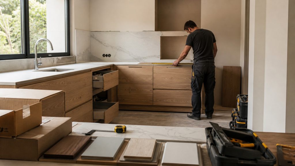 Artisan mesurant des meubles en bois dans une cuisine contemporaine en cours de rénovation, avec outils et échantillons de matériaux.