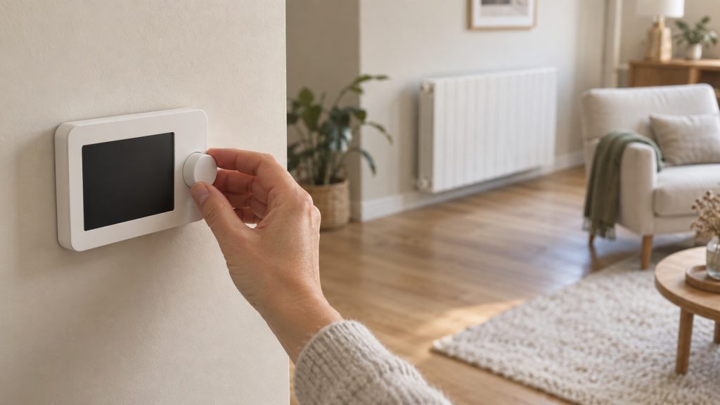 Thermostat mural de chauffage électrique réglé à la main dans un salon contemporain lumineux avec radiateur électrique.